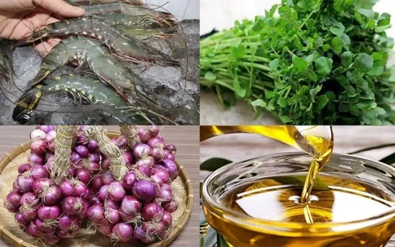 Tôm tươi ướp gia vị và rau xà lách xoong chuẩn bị nấu