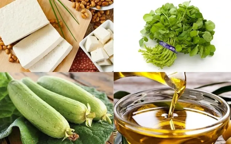 Nguyên liệu đậu hũ, mướp và rau xà lách xoong sẵn sàng chế biến
