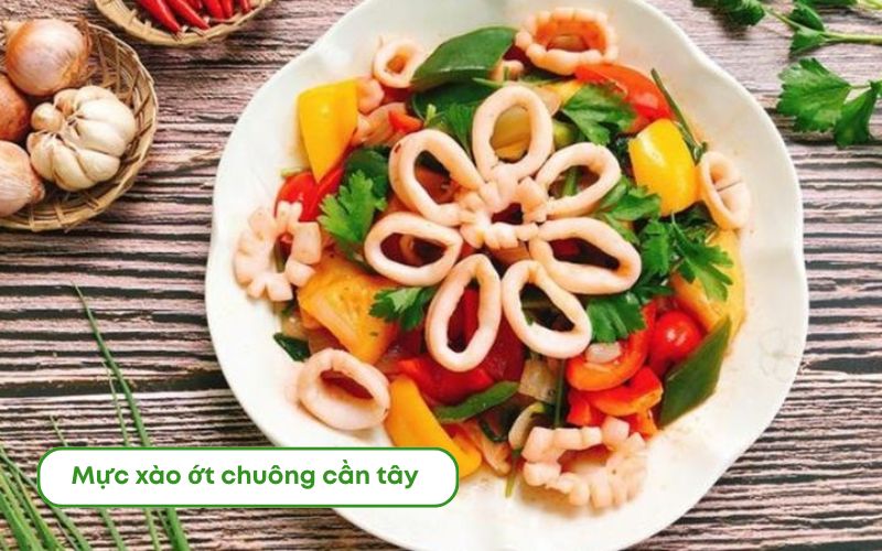 Mực xào ớt chuông cần tây nhiều màu sắc, giòn ngon và hấp dẫn