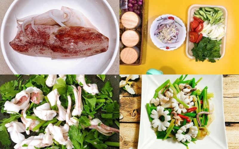Mực xào cần tây hành tây giòn ngon, với mực khứa hoa đẹp mắt.