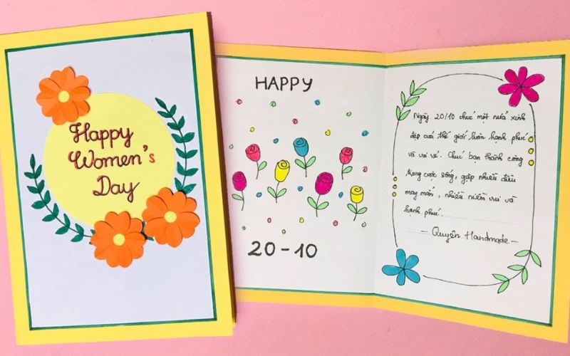 Greeting card for Vietnamese Women’s Day 20/10 handmade decorating orange and gold flowers