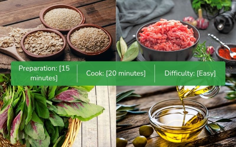 Ingredients for cooking beef and amaranth oatmeal porridge