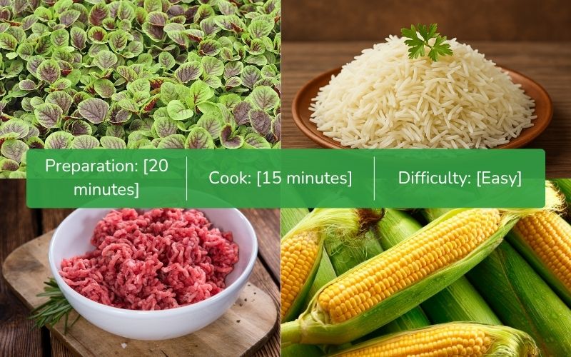 Ingredients for beef and amaranth porridge with sweet corn and cheese