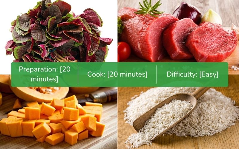 Ingredients for cooking beef, amaranth and pumpkin porridge