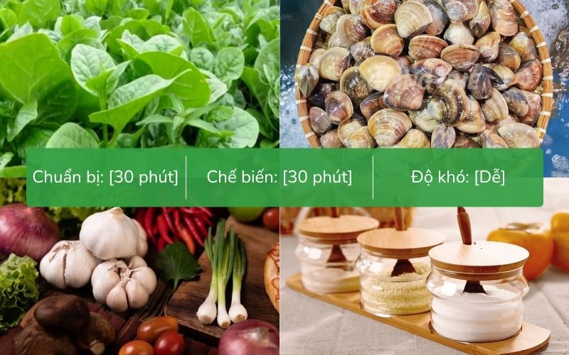 Nguyên liệu chuẩn bị làm canh ngao (nghêu) mồng tơi