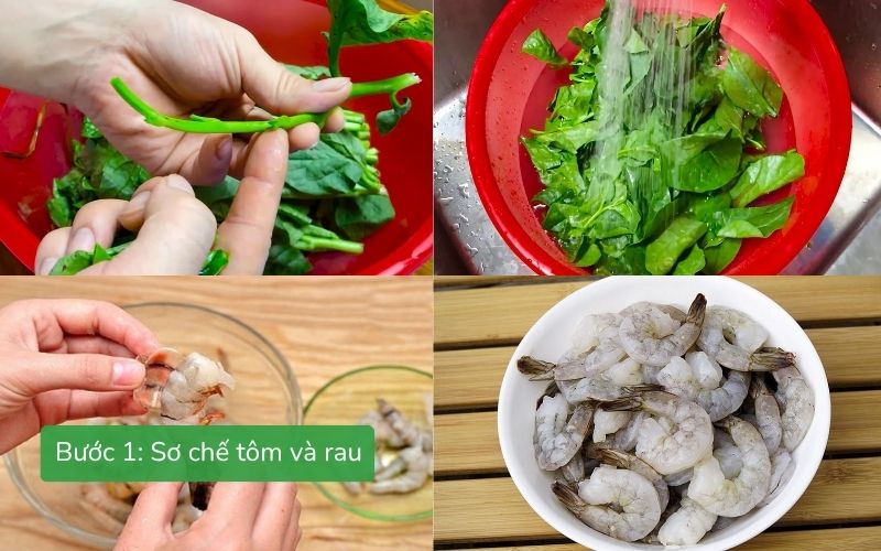 Sơ chế tôm và rau mồng tơi