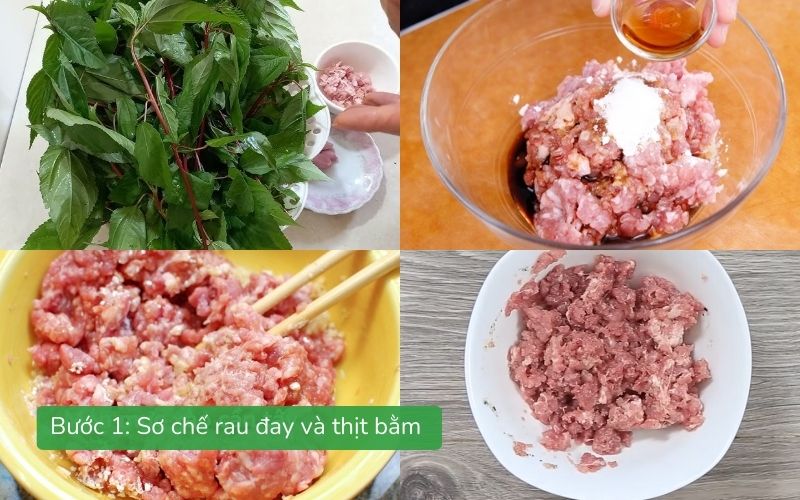 Rau đay đã sơ chế sạch, thịt băm ướp gia vị sẵn sàng nấu canh.