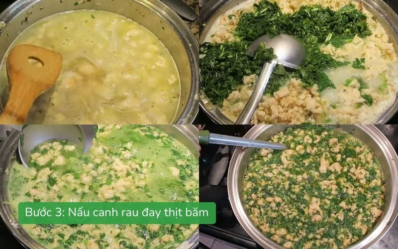 Canh rau đay và thịt băm đang sôi, màu xanh tươi bắt mắt.
