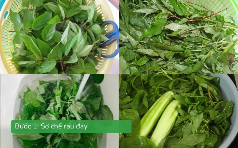 Rau đay nhặt lá non, rửa sạch chuẩn bị nấu canh.