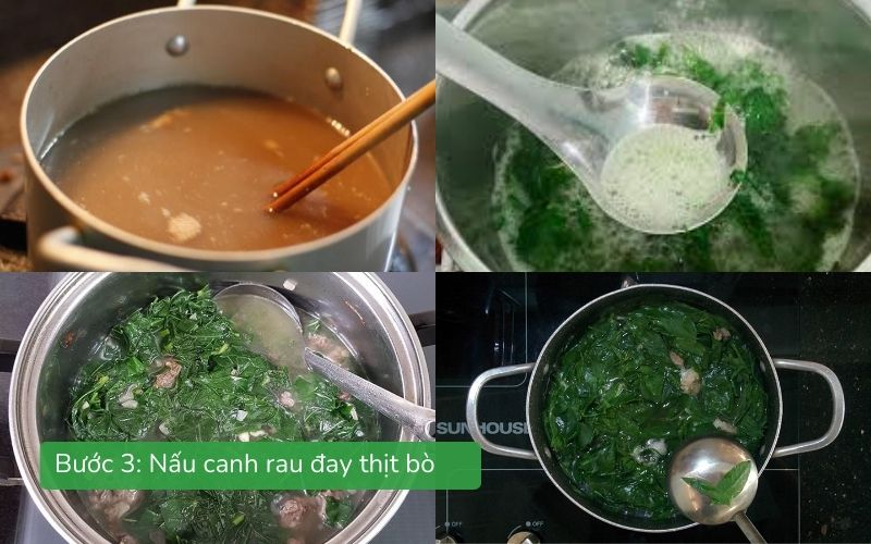 Canh rau đay nấu thịt bò sôi trên bếp, màu xanh tươi hấp dẫn.