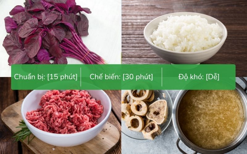 Nguyên liệu chuẩn bị món cháo thịt bò rau dền cơm