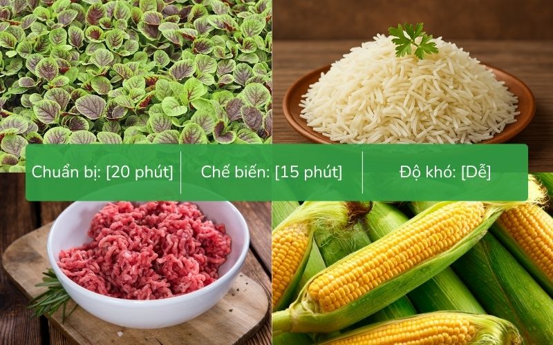 Nguyên liệu nấu cháo thịt bò rau dền với bắp ngọt và phô mai