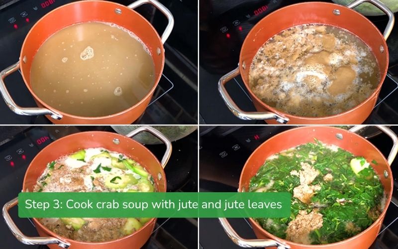 Cooking crab soup with jute and jute leaves