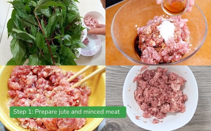 Cleaned jute leaves, minced meat marinated with spices, ready to cook soup.