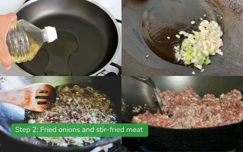 Minced meat stir-fried with fragrant onions and garlic.