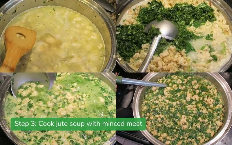 Jute and minced meat soup is boiling, with an eye-catching fresh green color.