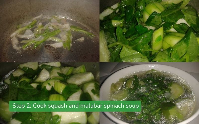Cooking squash and malabar spinach soup