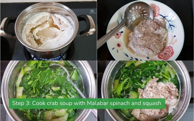 Cooking crab soup with Malabar spinach and squash