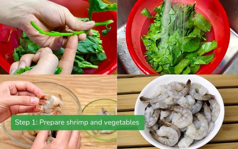 Prepare shrimp and Malabar spinach