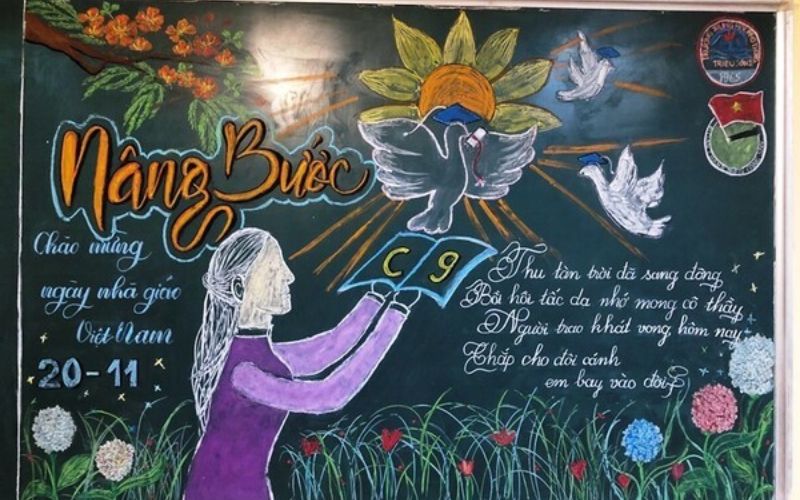 Students decorate the board and classroom with fresh flowers and banners to celebrate Vietnamese Teachers' Day, November 20.