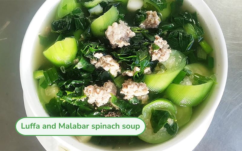 Luffa and Malabar spinach soup with soft green luffa, cooked Malabar spinach and clear, refreshing broth