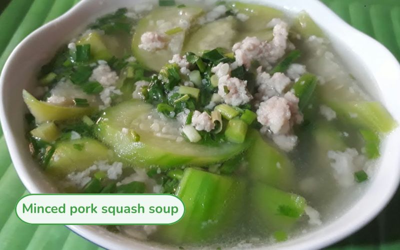 A bowl of squash and minced meat soup with soft green squash, minced meat and sweet broth