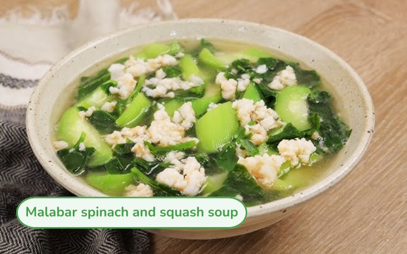 Cool green squash and malabar spinach soup with soft squash and fresh malabar spinach leaves cooked to perfection in a light broth