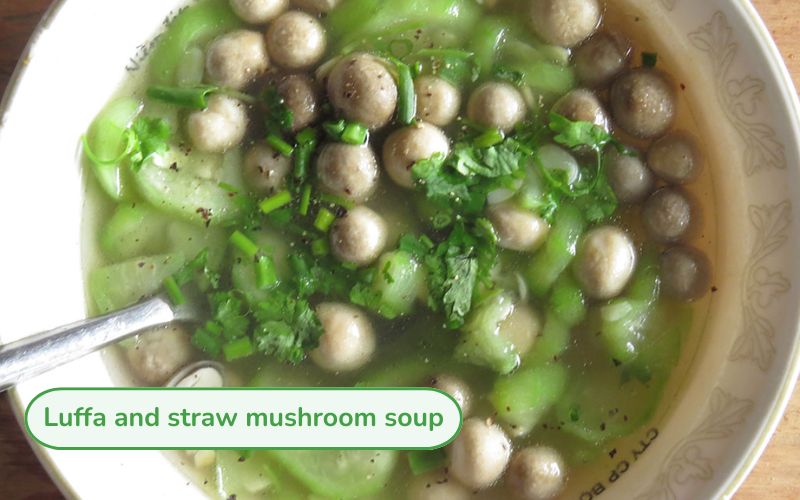 Luffa and straw mushroom soup with soft green luffa, round straw mushrooms and clear, naturally sweet broth