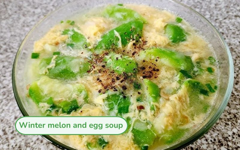 Loofah soup with eggs, soft loofah, eggs melt evenly creating beautiful patterns in cool broth