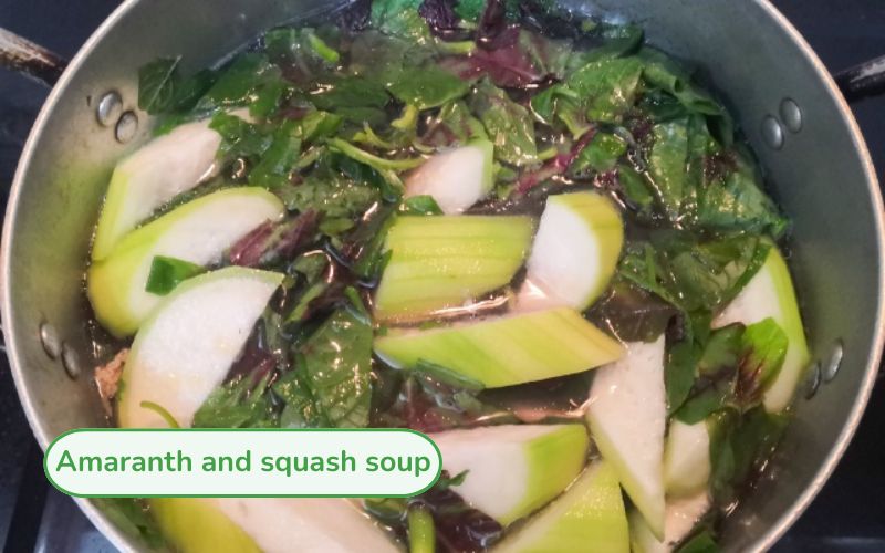 Luffa and amaranth soup with soft luffa, fresh green amaranth and clear, sweet broth