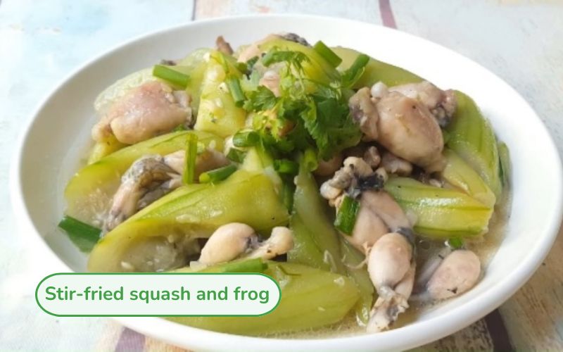 Stir-fried squash and frog dish with lush green squash and firm frog meat