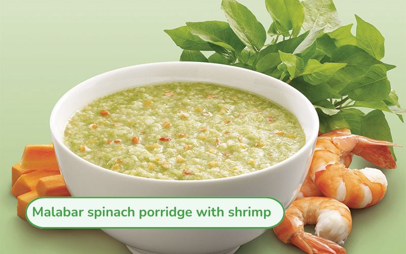 A bowl of soft, smooth, green jute porridge with shrimp, evenly minced shrimp, fragrant and sweet.