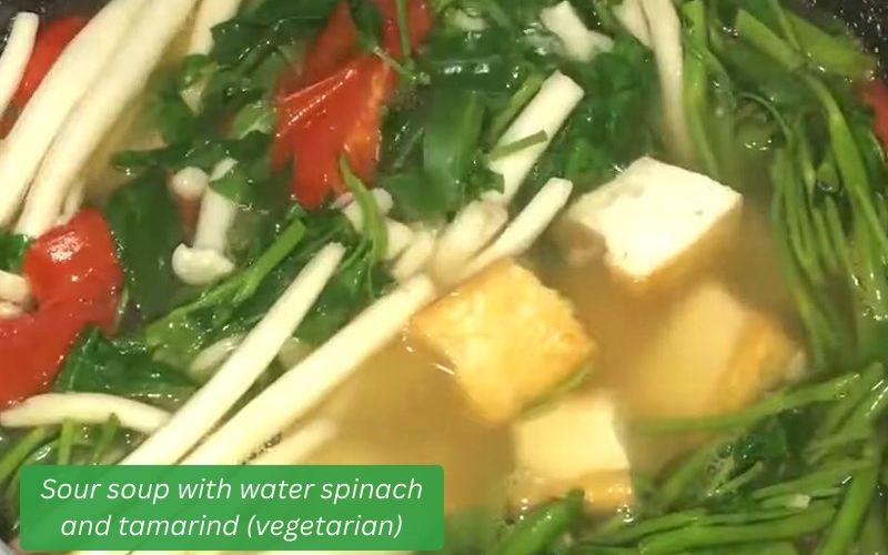 Delicious and light vegetarian sour soup with water spinach and tamarind.