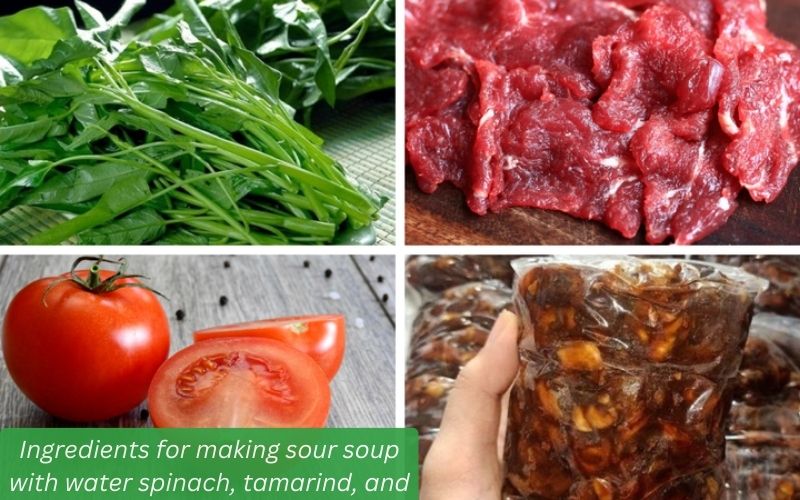 Ingredients for sour soup with water spinach, tamarind, and beef.