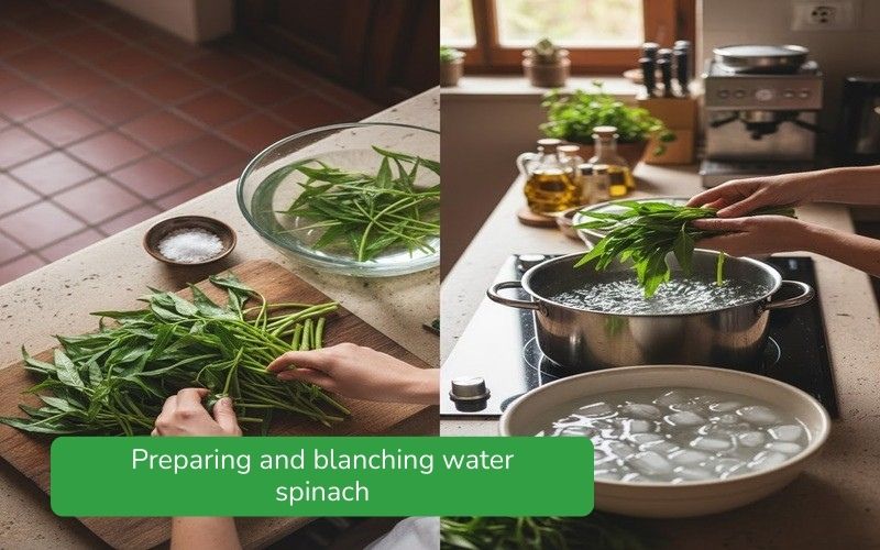 Preparing and blanching water spinach to preserve its green color and crispness.