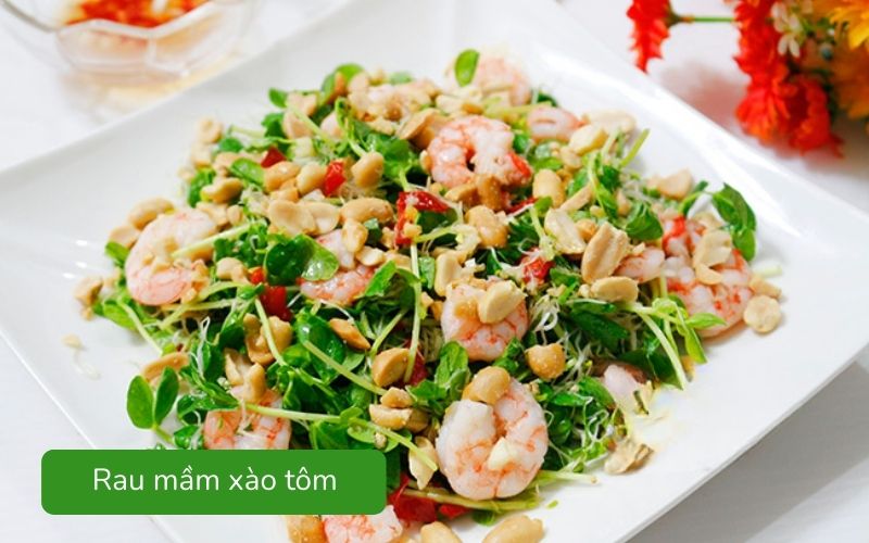 Rau mầm xào tôm giòn tươi, tôm đỏ ngọt