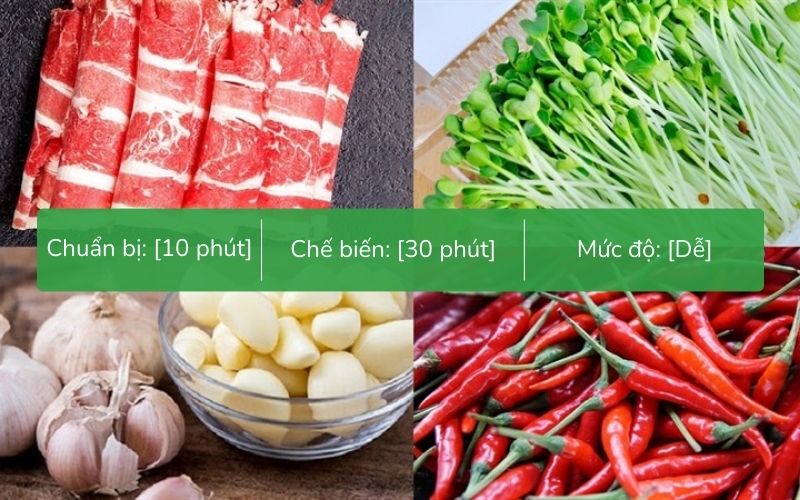 Nguyên liệu làm gỏi bò rau mầm gồm thịt bò tươi, rau mầm giòn xanh và gia vị chua ngọt