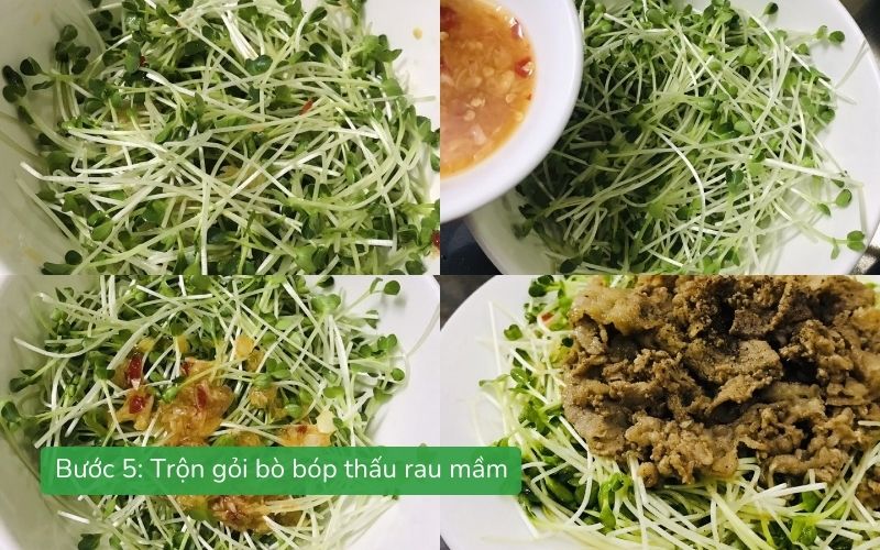 Trộn gỏi bò bóp thấu rau mầm