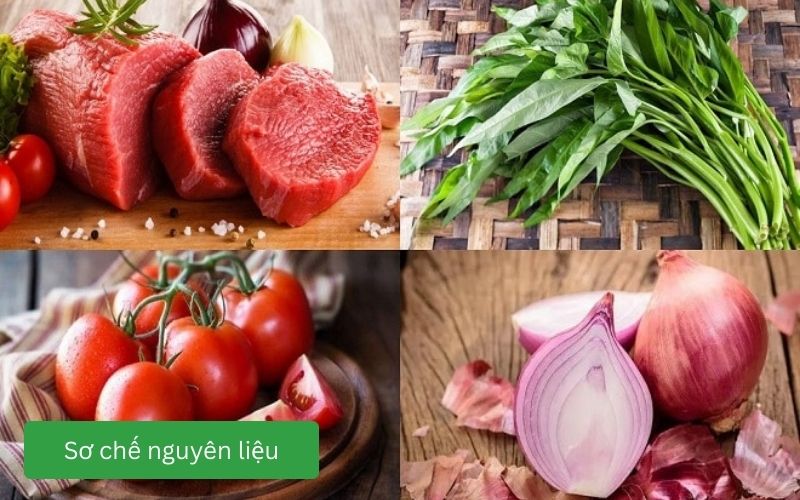 Rau muống và thịt bò được sơ chế.