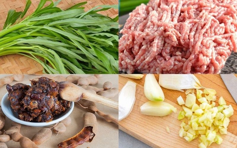 Nguyên liệu nấu canh chua rau muống thịt băm.