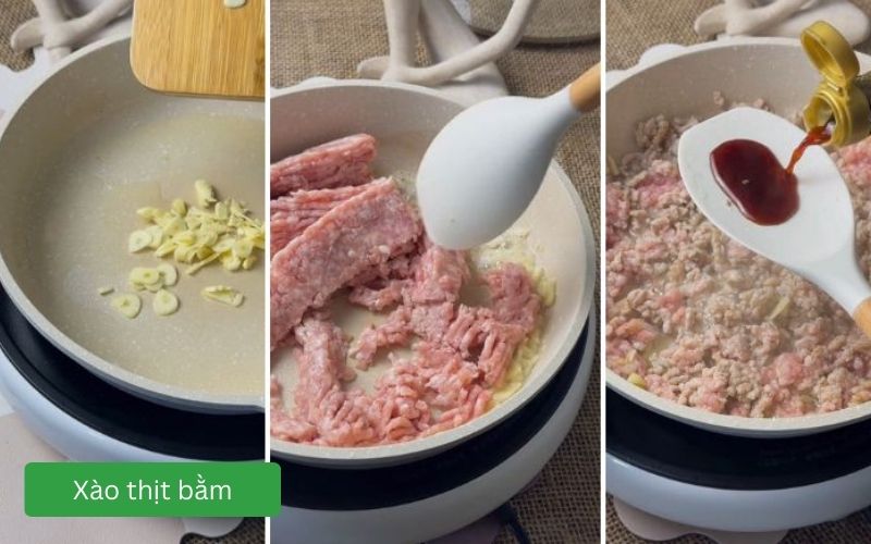 Thịt băm được xào chín thơm.