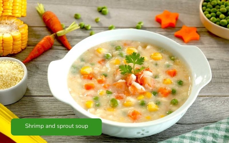 Delicious shrimp and sprout soup, with an attractive green color.