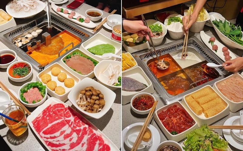 Nồi lẩu nhiều ngăn với topping phong phú tại nhà hàng Trung Hoa Haidilao