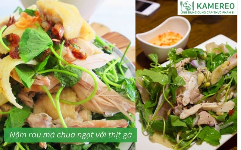 Nộm rau má kết hợp thịt gà xé thấm nước mắm chua ngọt.