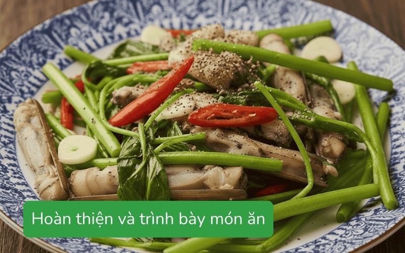 Món ốc móng tay xào rau muống ăn cùng cơm cực cuốn