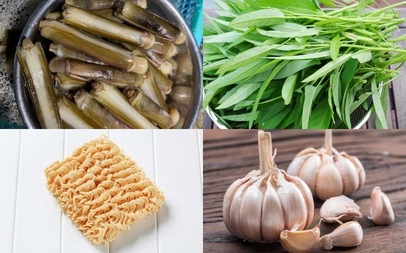 Nguyên liệu làm mì xào ốc móng tay rau muống