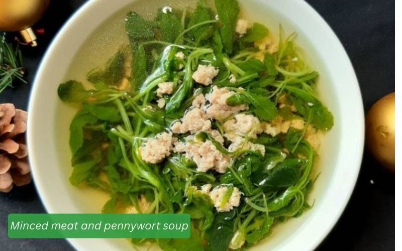 A bowl of green, cool, sweet and clear water with pennywort and minced meat soup
