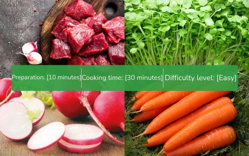 All the ingredients for the beef and sprout salad are complete and fresh.