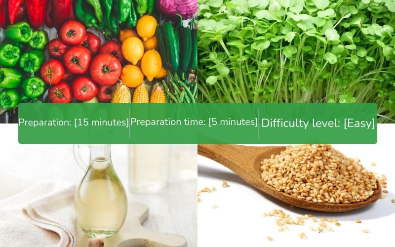 Ingredients for a delicious fresh sprout salad with vinegar dressing and toasted sesame dressing.