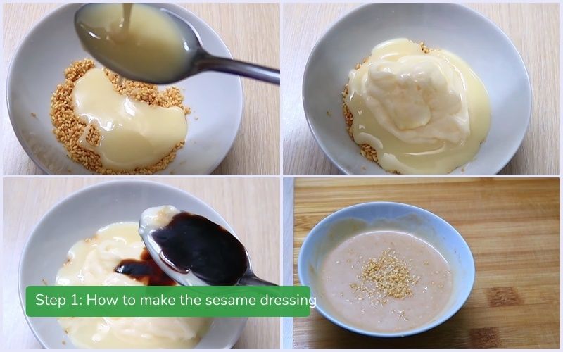 A bowl of vinegared sesame dressing, topped with roasted sesame seeds.